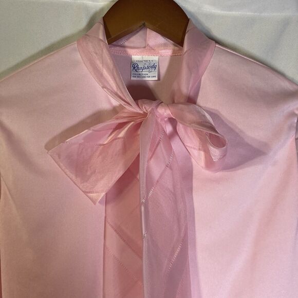 Vintage RHAPSODY pink sheer sleeves bow tie button up top S 36" bust - Picture 2 of 5
